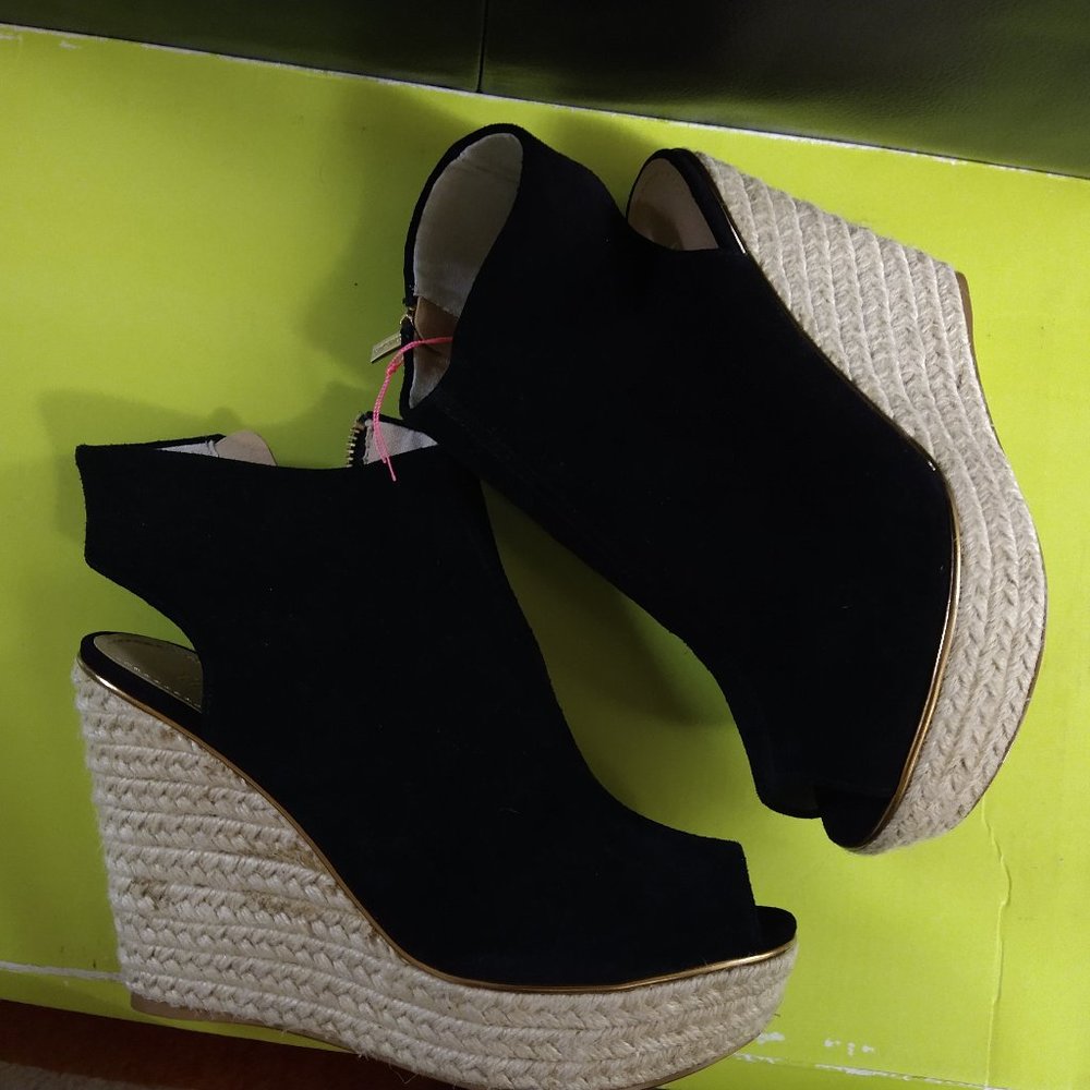 Colin Stuart peep toe suede black wedges espadrilles size 8